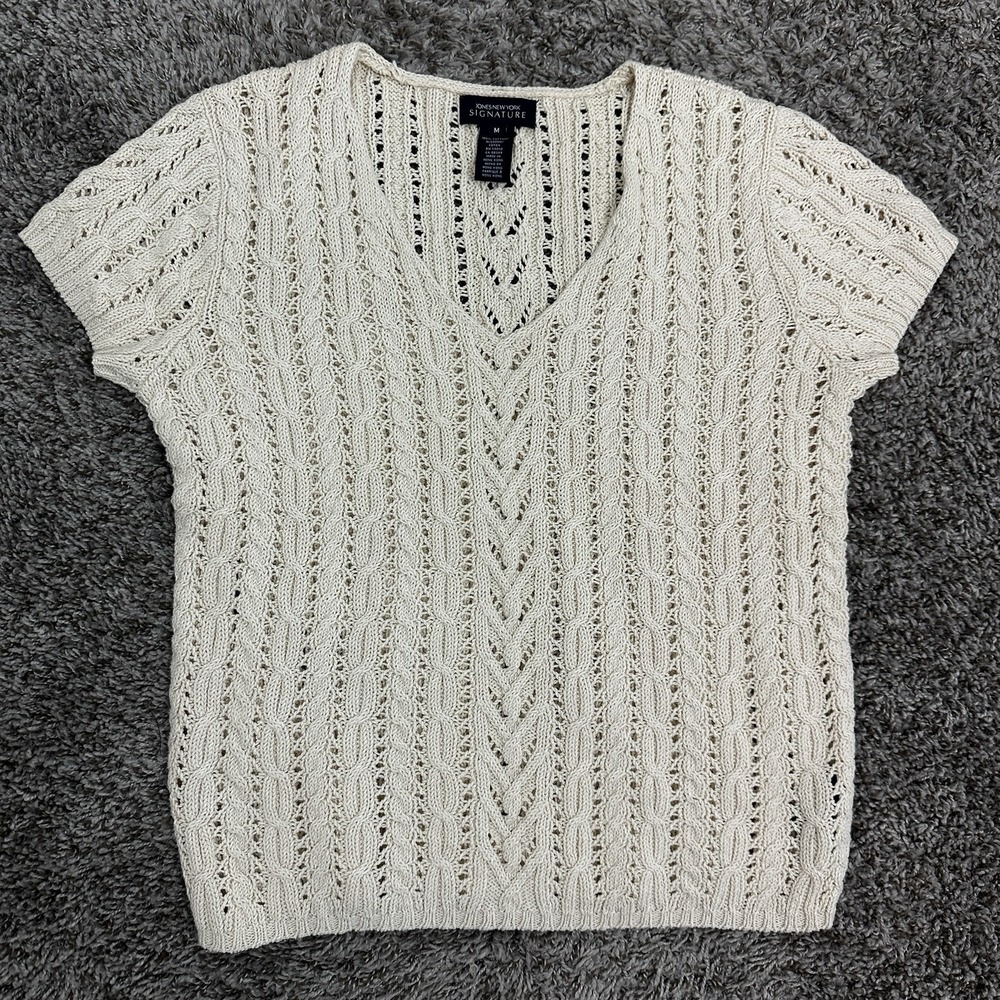 Vintage Cable Open Knit Sweater Pointelle Women M Cream Short Sleeve Cottage 90s